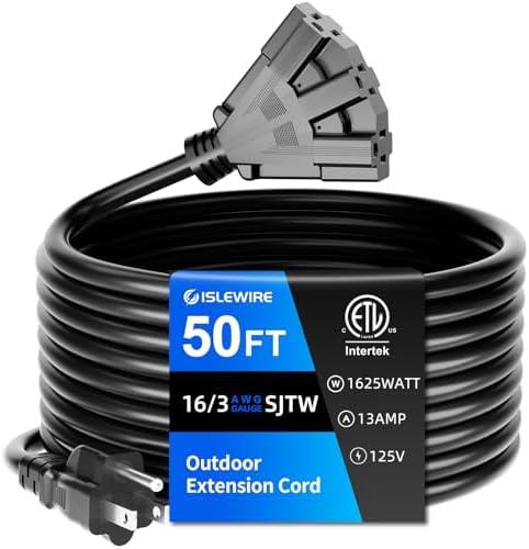 islewire 50 FT 3 Outlet Outdoor Extension Cord Waterproof, 16/3 SJTW Black Extension Cord with Multiple Outlets, Heavy Duty 16 Gauge 3-Prong Grounded Power Cable for Garden and Home Use, ETL Listed