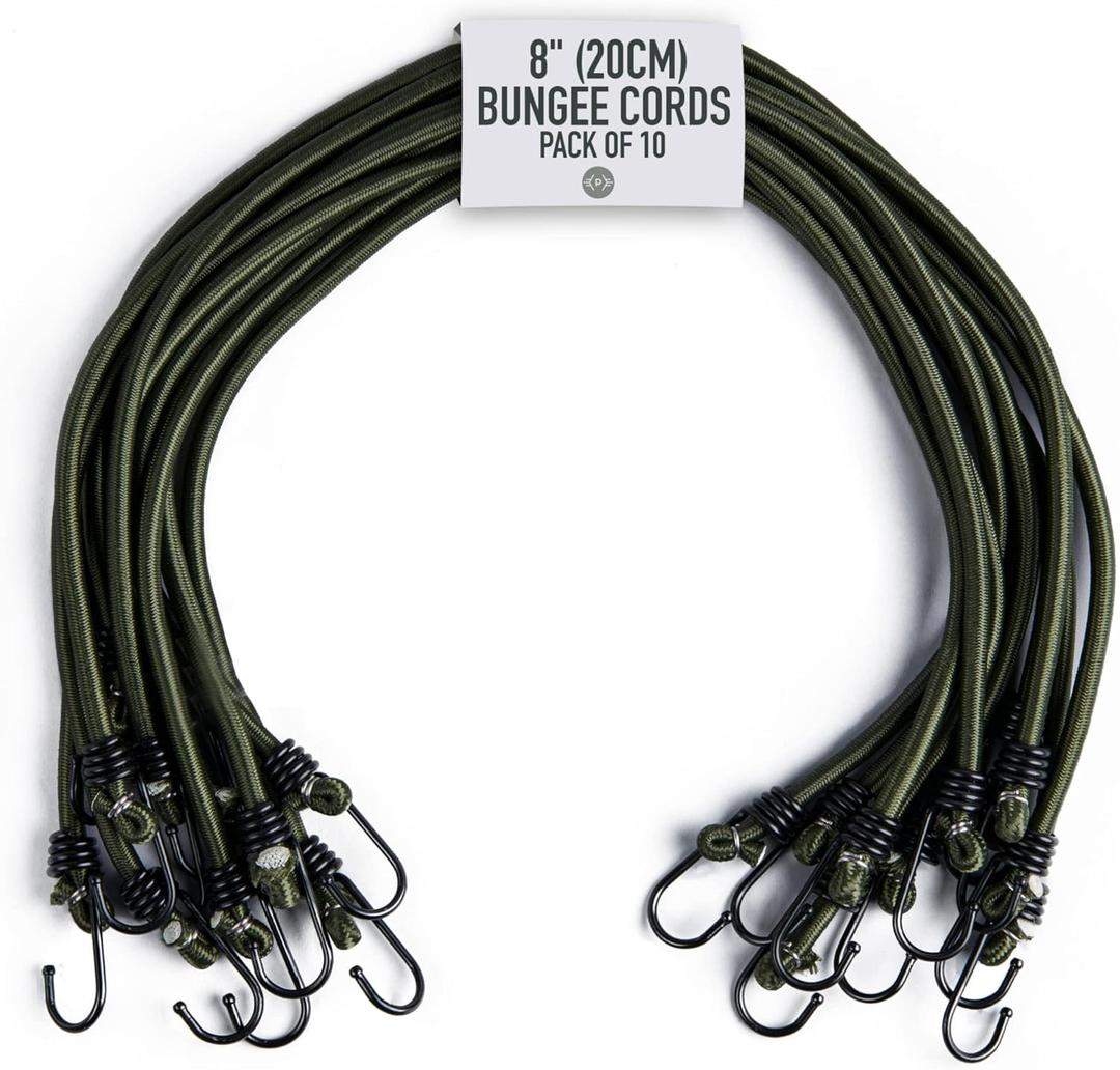 Pluvios - Heavy Duty Bungee Cords with Hooks - 10 Pack  Choice of Sizes - Multi-Purpose Elastic Bungee Straps for Luggage, Roof Racks, Camping - Weatherproof & UV Resistant (8" (20cm))