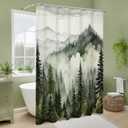 Litabel Dark Green Misty Pine Forest Shower Curtain, Mountain Foggy Woodland Scenery Tree Shower Curtains for Chic Rustic Bathroom, Abstract Modern Waterproof Nature-Themed Decor, 72x72 Inches