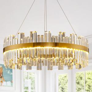 Modern LED Crystal Chandelier for Dining Room, 23.6" Round K9 Crystal Gold Chandelier, 3 Color Dimmable Light Fixture with Remote, Adjustable Height for Living Room Bedroom Entryway