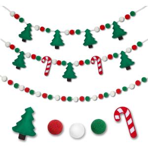 3 PCS 3D Felt Christmas Tree Garland 8.2FT Candy Cane Xmas Tree Banner Pom Pom Garland Hanging Felt Balls Christmas Decorations Red Green White for Classroom Fireplace Office Wall Window Home