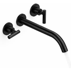Matte Black Wall-Mount Bathtub Tub Filler, Solid Brass High-Flow Wall-Mount Tub Spout with 2 Handles, Long Spout Reach, for Filling Bathtubs