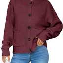 Saodimallsu Womens Button Up Cardigans Fall Crew Neck Fuzzy Knit Long Sleeve Cropped Sweater Jacket with Pockets (Medium)