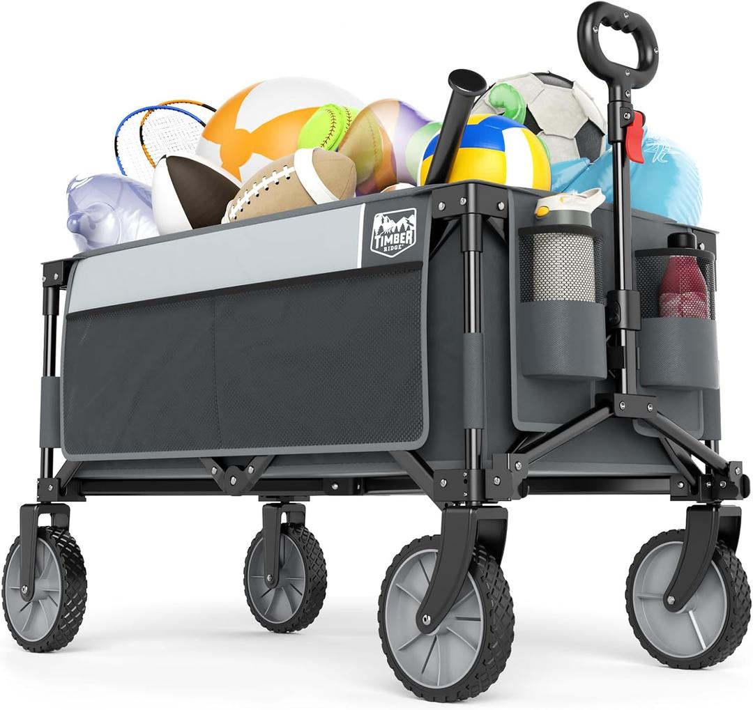 Timber Ridge Collapsible Outdoor Folding Wagon Cart Heavy Duty Camping Patio Shopping Garden Cart with Side Bag Cup Holder, Grey