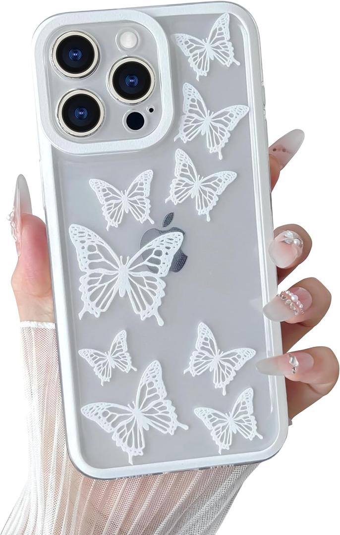Yeddabox Compatible for iPhone 13 Pro Max Case Butterfly Cute Phone Case Transparent Full Camera Protection Soft TPU Shockproof Cover for Women Girls - White