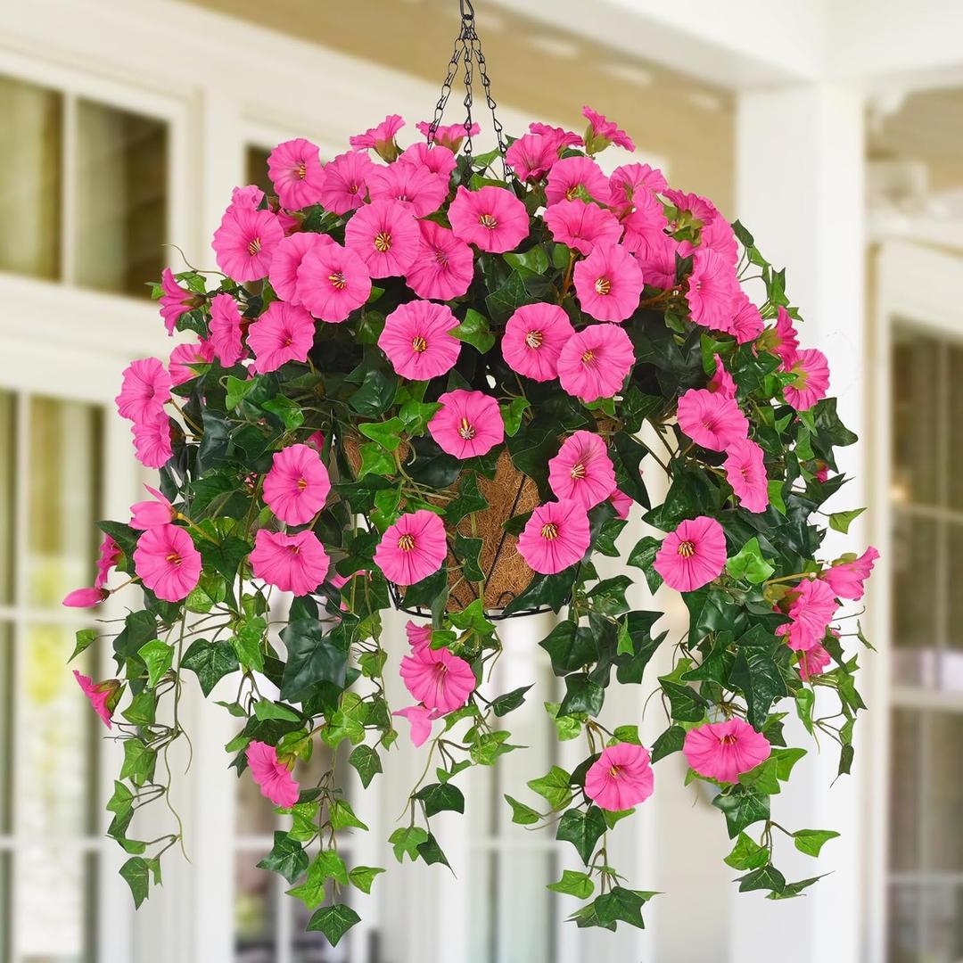 Waipfaru Artificial Hanging Baskets with Flowers, Fake Hanging Plants Outdoors, Urn Fillers for Outside Summer Decor (Fuchsia) (1 Pack)