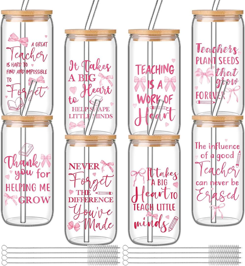 Domensi 8 Pcs Teacher Appreciation Gifts for Women 16 oz Glass Cups Tumblers Thank You Teacher Gifts with Bamboo Lids Straws Brushes Clear Coffee Drinking Cup for Birthday Party Favors