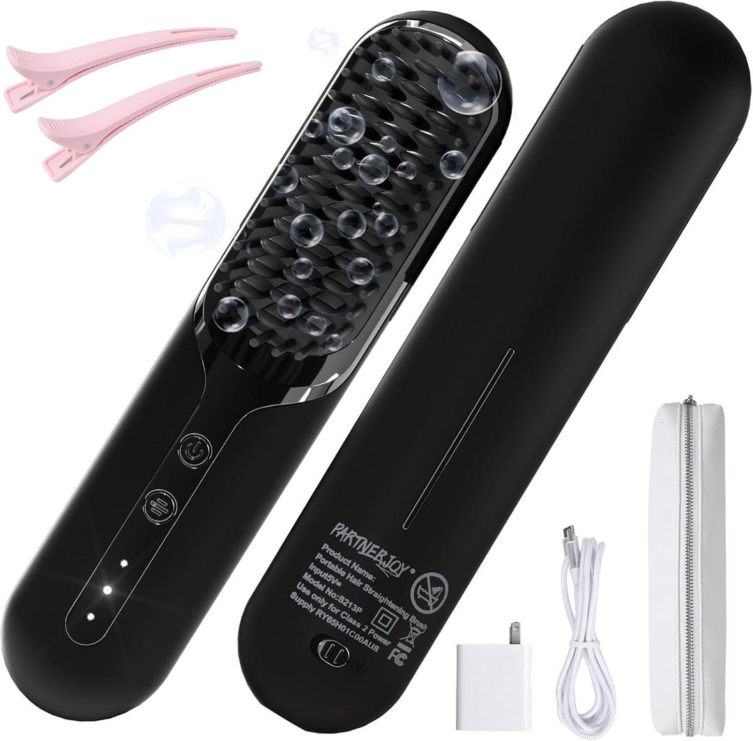 Cordless Hair Straightener Brush- Dual Mode (Cord-in-Use & Cordless),Portable Travel Straightener 30s Fast Heat-Up, Portable Mini Straightening Comb Lightweight Anti-Scald for Travel, Office -Black