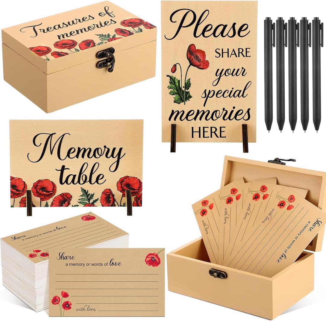 112 Pcs Celebration of Life Memory Cards Set Share a Memory Cards with Box 2 Wood Sign with 4 Hold and 5 Pens, Sympathy Memorial Gifts Funeral Keepsake Decorations (Poppy)