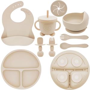 Silicone Baby Feeding Set | Baby Led Weaning Supplies Includes Suction Bowls and Divided Plates, Adjustable Bib, Baby Utensils Spoons and Forks, Cup | Baby Feeding Essentials (Beige)