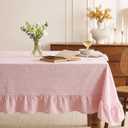 Moukeren 70 x 120 in Farmhouse Ruffle Striped Tablecloth, 100% Cotton Retro Washed Vintage Table Cover for Rectangle Dining Table, Decorative Rustic Tablecloth for Kitchen Party Wedding(Pink)