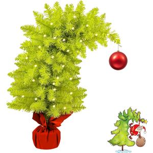 2 FT Whimsical Christmas Tree,Lime Green Bendable Christmas Tree,Branch Artificial Christmas Tree with Ball Ornaments and Cement Base Holiday Decor Perfect for Home Office Party Decor (2 FT)