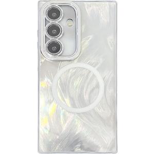 Tuokiou Magnetic for Samsung Galaxy S25 Case Holographic,Luxury Iridescent Glitter Silver Laser Plumage Design Phone Case for Women Girls (Silver, Samsung Galaxy S25 Plus)