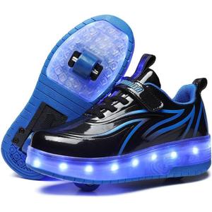 BFOEL Rechargeable Roller Shoes for Boys Girls Age 6-14 with LED Light-Up Kids Sneakers for Outdoor Play, Birthday (Black-blue)