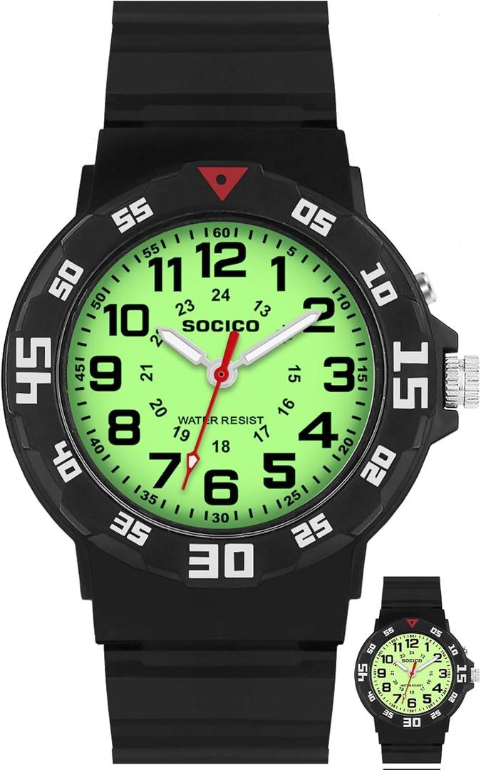 Kids Analog Watch with Light for Boys Girls Waterproof Time Teaching Watch with Soft Band Learning Time Wrist Watch Easy to Read for Children Great Gifts (Black)