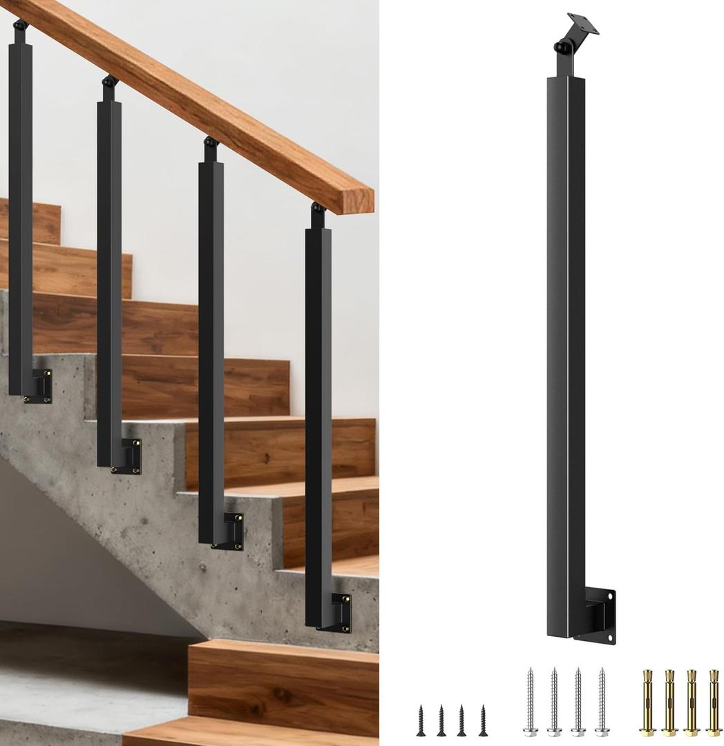 Side Mount Stair Railing Post, Black Metal Baluster Spindles with 270 Adjustable Bracket for Indoor Stairs, Deck, Porch & Balcony Railing, 35.4 Inch,1 Pack
