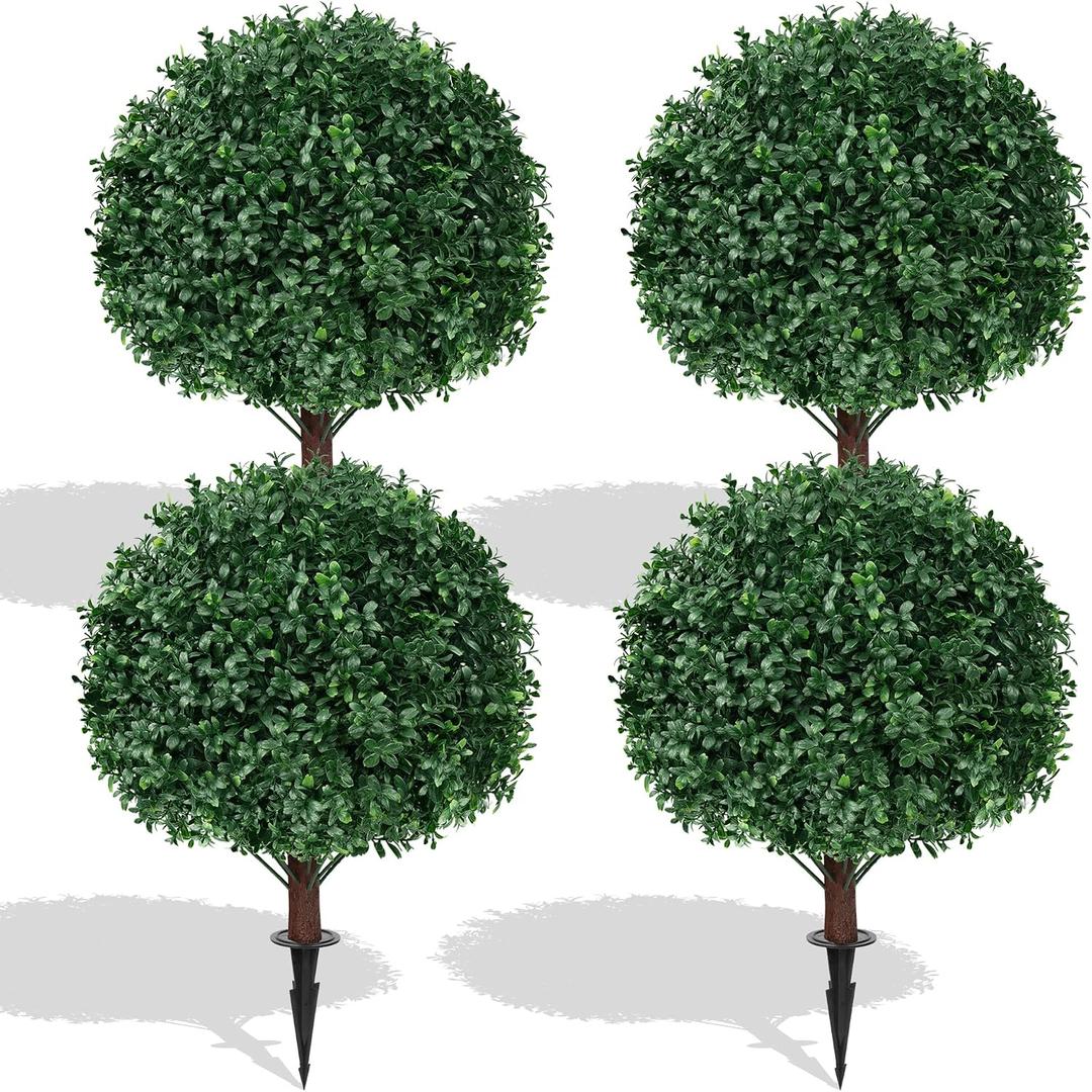 4Pack Artificial Boxwood Topiary Ball Trees,Fake Shrubs Bushes | Fake Evergreen Plants with Ground Spike,UV Resistant, No Maintenance,Faux boxwood for Outdoor Indoor Front Porch Garden Decor
