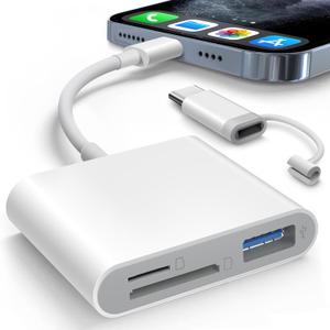 SD Card Reader for iPhone iPad Built-in Lightening & USB-C Dual Connectors Card Adapter with SD MicroSD USB-A 3 Slots Trail Camera Memory Card Viewer, Portable No App Required Plug and Play (White)