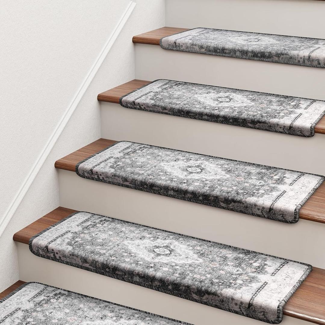 Brakki Bullnose Stair Treads for Wooden Steps, Non Slip Stair Carpet for Indoor Runner and Pets, Soft Edging Staircase Protectors Reusable, Washable, 29.5"x9.5"x1.5" 14pcs, Grey