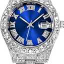 Hip Hop Watches for Men Iced-Out Bling Diamond Luxury Quartz Watches with Date (42mm Silver Blue)