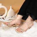 NEWBELLA MOUSSE FIT Women Square Toe Heeled Sandals, Sweet Mesh Women Heeled Sandals with Stiletto Heel for Party Wedding Dress Shoes Apricot, 7.5 (Beige)