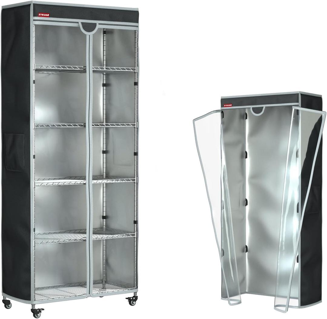 Wire Shelving Cover 32.5"x16.5"x63"  Waterproof Dustproof Black Rack Cover with Clear Front & Zipper for Closet or Garage Storage (No Shelves)