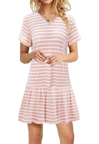 Alaster Queen Women’s Summer T Shirt Pleated Dress 2025 Short Sleeve Casual Pink Stripe Swing Tunic Dress with Pockets, XL