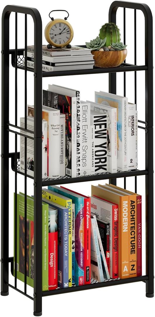 Bookshelf Storage Shelf Bookcase Freestanding Storage Stand for Living Room, Bedroom, Kitchen, Rust Resistance, Easy Assembly Free Combination Multi-Functional Organizer (3 Tiers, Black)