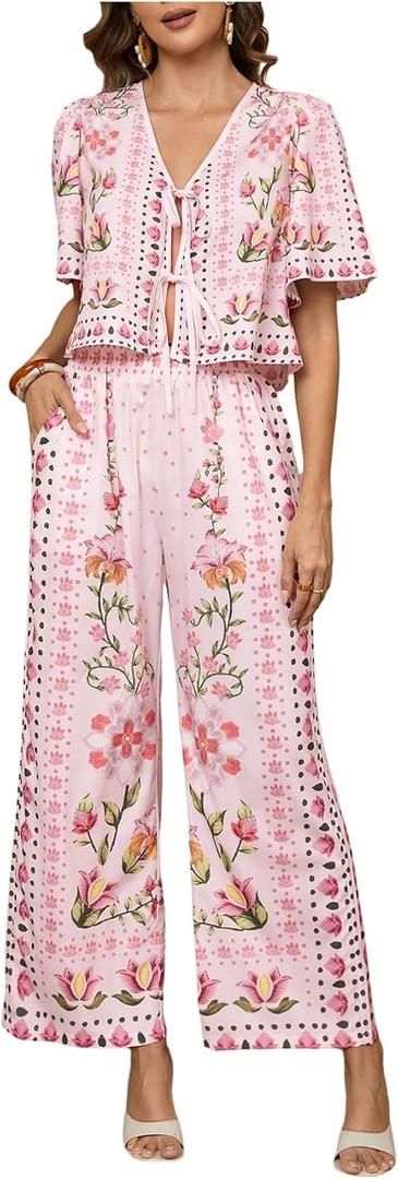WDIRARA Women's Boho Floral 2 Piece Palazzo Pants Set Short Sleeve Blouse (Pink, M)