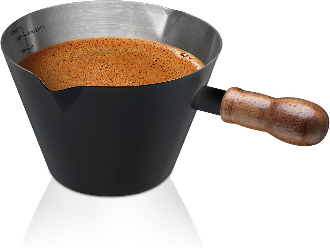 Espresso Cup, 6.8 oz/200 ml Stainless Steel Coffee Shot Measuring Cup with Wood Handle, Double V-Shaped Mouth and Clear Scale for Cappuccino Barista Coffee Bar Accessories, Black