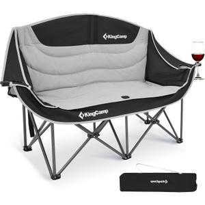 KingCamp Double Camping Chair, Oversized Heavy Duty 660lbs Loveseat for Adults Portable Folding XL 2 Person Couch Padded Comfortable Two Seat with Cup Holder for Outdoor Lawn Backyard, Black/Grey
