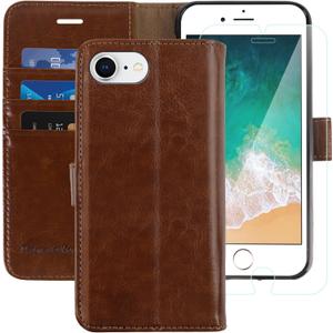 MONASAY Case Compatible for iPhone SE 2022/2020 5G,iPhone 7/8 Wallet Case,4.7-inch, [Glass Screen Protector] Flip Folio Leather Cell Phone Cover with Credit Card Holder, Brown