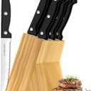 Steak Knives, 7 Pieces Steak Knife Set with Block, High Carbon Stainless Steel, Serrated Silverware Set, Black