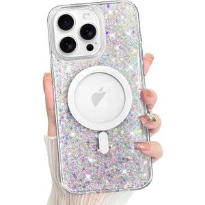 Bonoma for iPhone 14 Pro Case Sparkly Glitter Bling Back, Magnetic Support for MagSafe Shockproof, Crystal and Clear High-Duty Protection for Girls Women-Sparkly Glitter