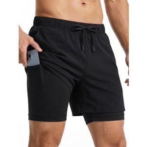 Men's 2 in 1 Running Shorts Quick Dry Gym Workout Tennis Training Basketball Sports Athletic Shorts with Pockets (Black, M)