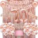70th Birthday Decorations for Women, Happy 70th Birthday Banner, Crown, Sash, Cake Topper and Number Balloon, Rose Gold 70 Birthday Party Decorations Kit