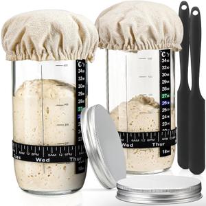 DWTS DANWEITESI Sourdough Starter Jar with Date Marked Feeding Band, Thermometer, Sourdough Fermentation Jar Scraper, Sewn Cloth Cover & Aluminum Lid, Sourdough Starter Kit Reusable(2pcs/24oz)