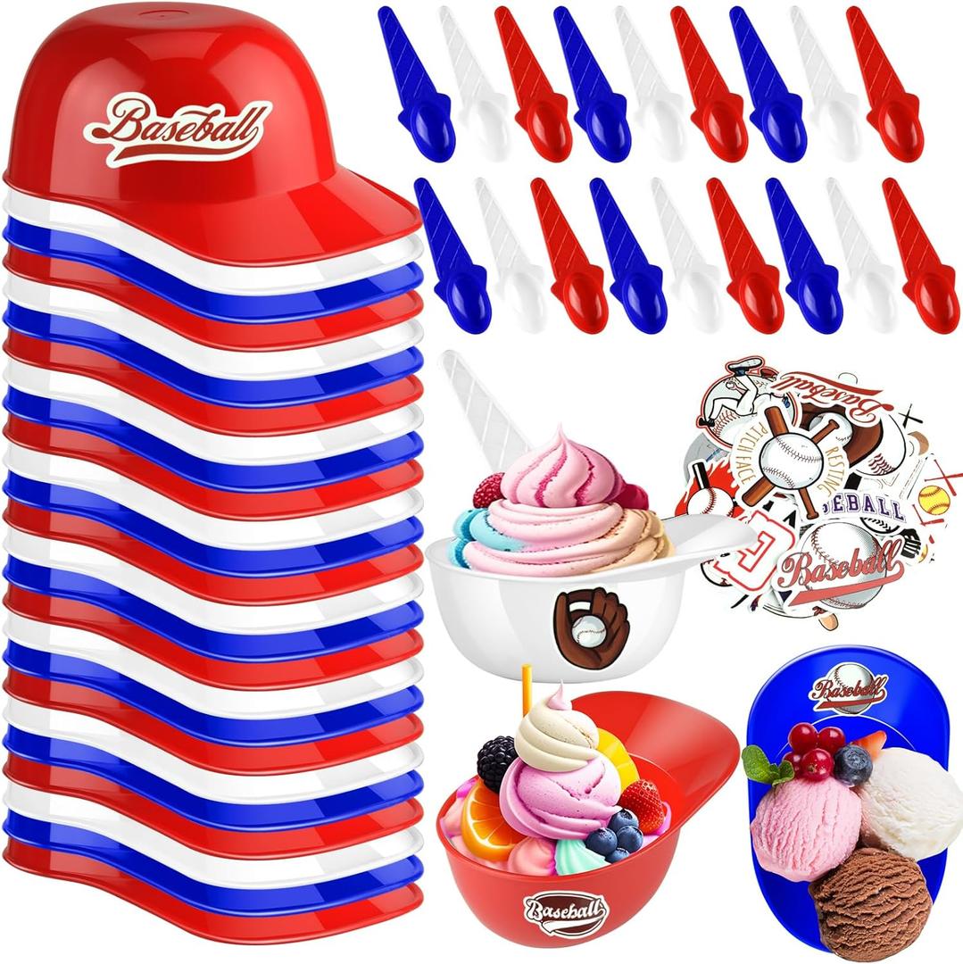 MEEZY 25 Set Baseball Helmet Ice Cream Bowls with Spoons 8oz Reusable Baseball Cap Cups Snack Dessert Bowls for Kids Sports Birthday Party Favor Supplies (25 Bowls + 25 Spoons) (Red+Blue+White)