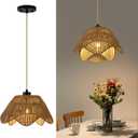 Rattan Pendant Light Fixtures, 1 Light Boho Hanging Light, Farmhouse Hand Woven Wicker Chandelier, Adjustable Flush Mount Ceiling Hanging Lamp for Bedroom Dining Room Kitchen Island Hallway (Brown)