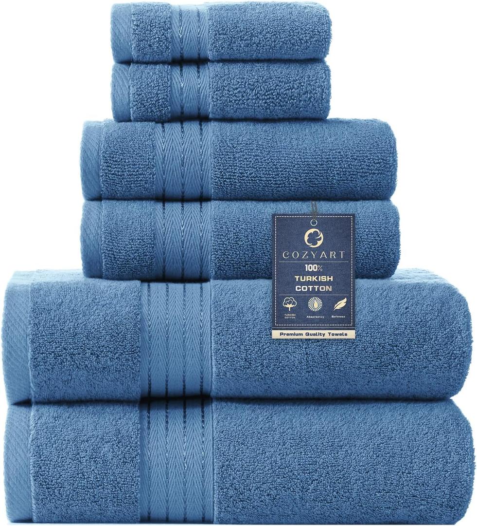COZYART Denim Blue Bath Towel Set, Turkish Cotton Hotel Large Towel Bulk for Bathroom, Thick Bathroom Sets of 6 with 2 Bath Towels, 2 Hand Towels, 2 Washcloths, 650 GSM
