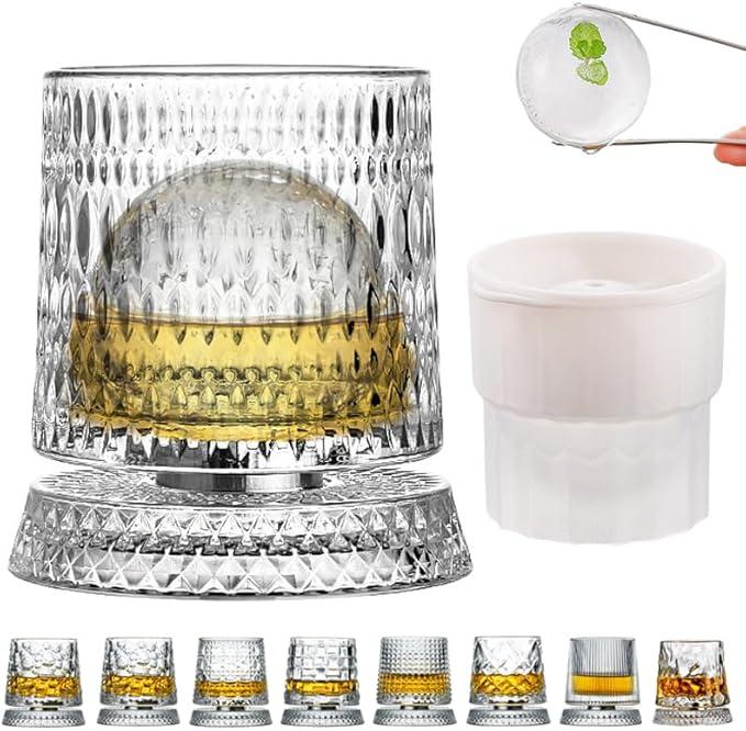 360 Degree Rotating Whiskey Glass Set with Ice Ball Mold, Crystal Clear Bourbon Scotch Glassware for Men, Fun & Novelty Gifts (Pattern 9)
