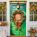 BlissYard Christmas Door Banner Set 35x71 Inch Jingle All The Way Christmas Wreath with Golden Poinsettias Green Baubles Red Bow Home Porch Decoration Jingle Phrase Theme Front Door Party Holiday
