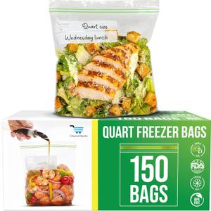 Quart Size Freezer Bags  150 Count, Resealable, Extra Strong 2 Mil Leak Proof Double Zipper Clear Stand Up Food Bags