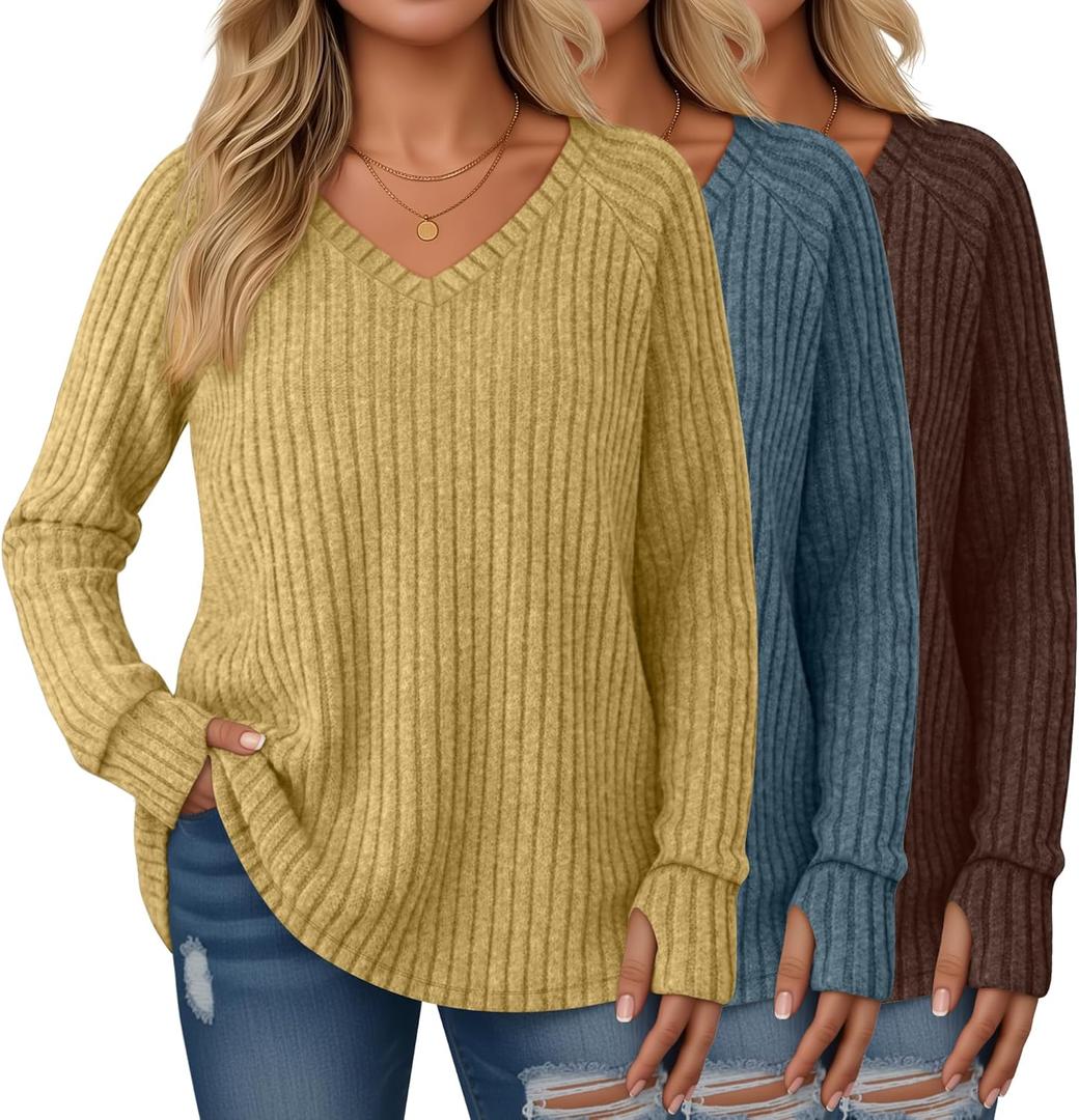 3 Pack Women's Plus Size Sweaters Long Sleeve Shirts Tunic with Thumb Holes Ribbed V Neck Casual Loose Fit Fall Top (XX-Large, Brown, Blue, Yellow)