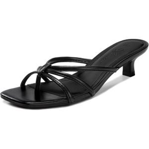 Athlefit Kitten Heels for Women Square Toe Strappy Flip Flop Low Heels Slip On Thong Heeled Sandals for Office,Party,Wedding size 9 (Black, L)