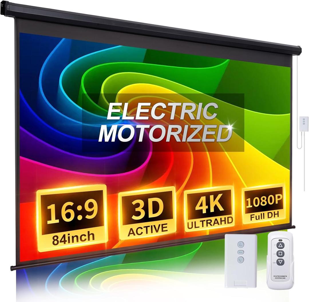 Projector Screen Motorized 84 Inch 16:9 HD Electric Projector Screen Pull Down with Remote, Automatic Projector Screens Wall Ceiling Mount Movie Screens for Projectors Outdoor Indoor, Black
