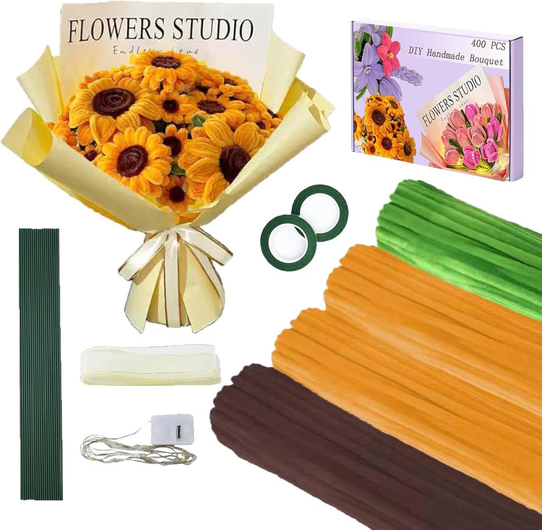 LOLEDE Pipe Cleaners Craft Flowers Kit 400 Pcs, 400 Pcs 3 Colors 11.8inch Fuzzy Pipe Cleaners Bulk, Chenille Stems for DIY Flower Making Kit Crafts, Floral Stems & Tape & Ribbon (Yellow)