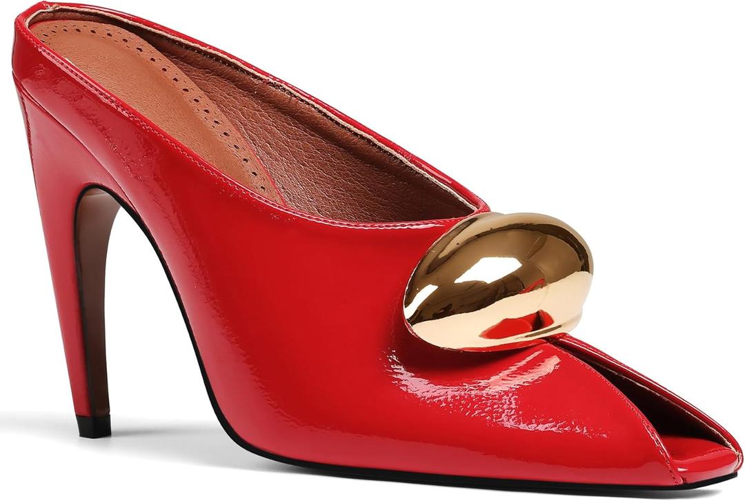 Oiamenne Stiletto Heels for Women Peep Toe Heeled Mules Sandals Pointed Toe Pumps High Heeled Sandals for Women Comfortable Casual Wedding Office Dating Dress Shoes (9.5, Patent Red)