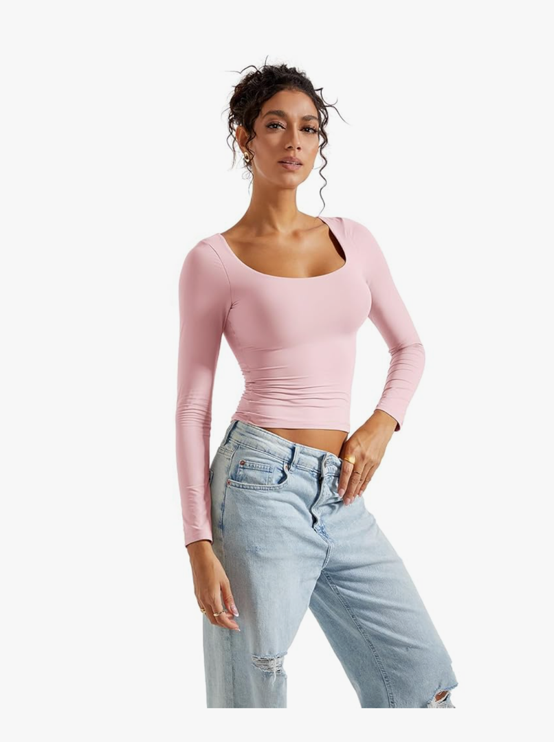SUUKSESS Women Double Lined Fitted Basic T Shirts Scoop Neck Long Sleeve Crop Top XS