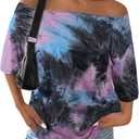 SOFIA'S CHOICE Women's Summer Off the Shoulder Tops Tie Dye Shirts Short Sleeve Oversized Tshirts Black Purple Small (Small)